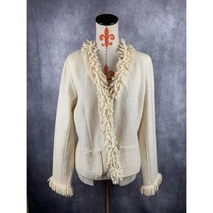 VTG Clothes By Revue Women Size XL Wool Ivory Ruffle Collar & Sleeve Cardigan